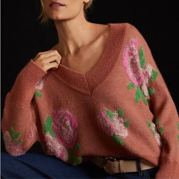 Anthropologie Rose Drop-Shoulder V-Neck Sweater, SIZE L - Picture 8 of 8